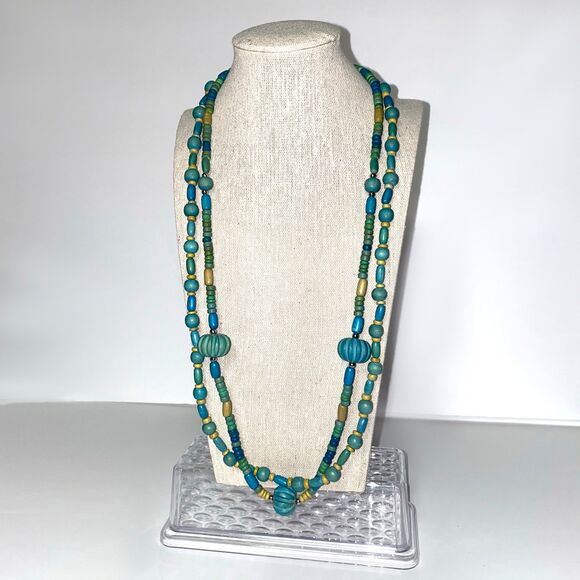 Vintage Teal Beige Wood Necklace Multi Strand Beads Boho Layered Beaded - Picture 2 of 8